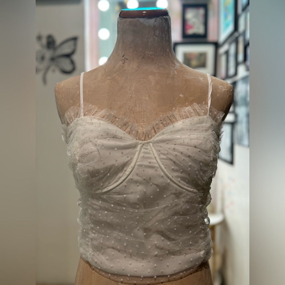 White Ruched Mesh Dot Corset Top – Coquette Ruffle Vibes